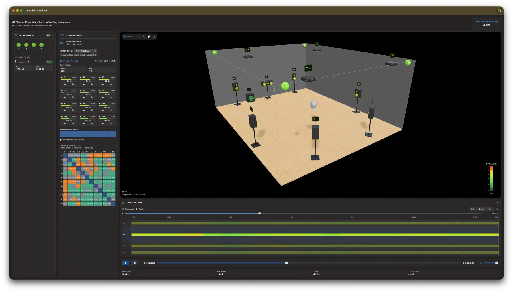 AudioGrade Spatial Visualizer showing ADM objects, a 7.1.4 speaker layout, and spatial activity