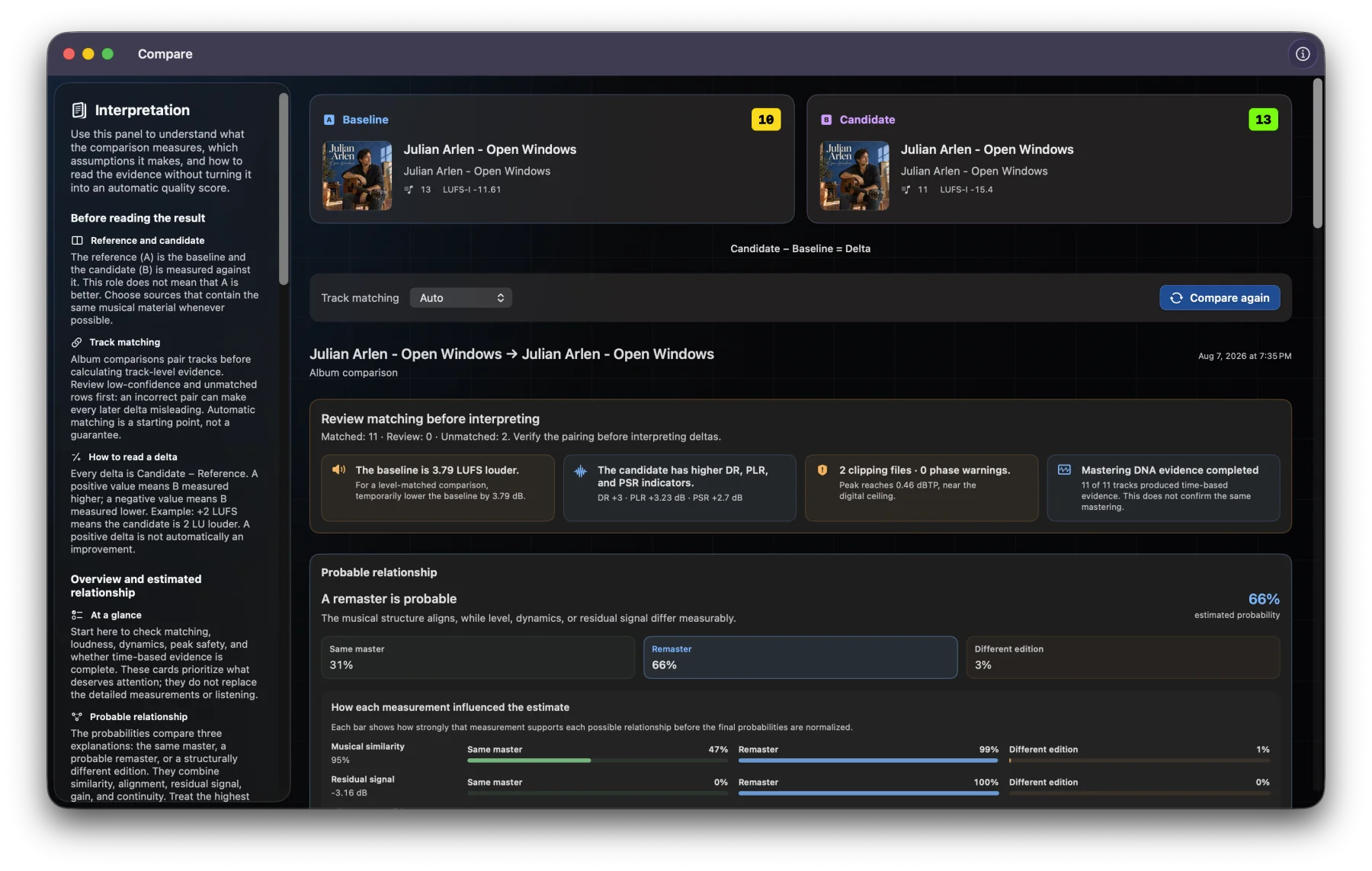 AudioGrade Compare showing an album comparison and Mastering DNA evidence